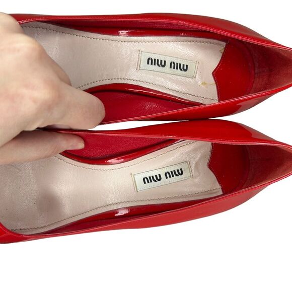 MIU MIU RED PUMPS PATENT LEATHER PEEP TOE BLOCK HIGH HEEL SHOES WOMEN EU 38.5 - Picture 8 of 10